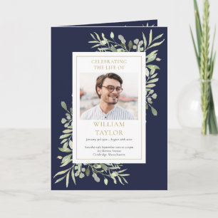Order Of Service Greenery Funeral Navy Blue Programme