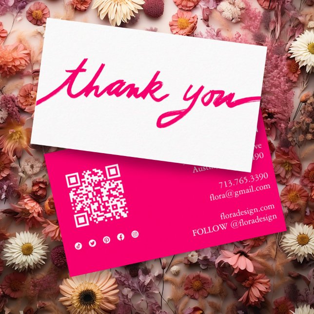 Order Thank You Custom Script QR Code Social Icons Business Card (Custom order thank you card with QR code and social media icons. Add your own details. Hot pink!)