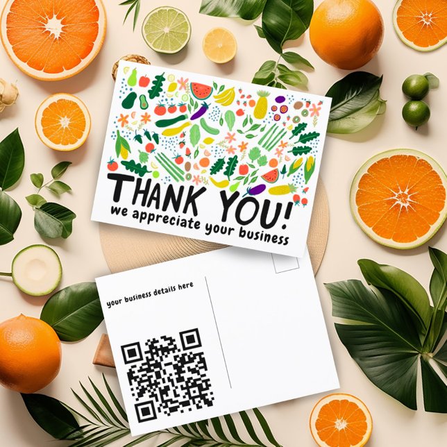 Order THANK YOU Groceries Fruits Veggies CUSTOM QR Postcard (Thank you for your order card with custom QR code and fruit and vegetable illustration. Customize it)