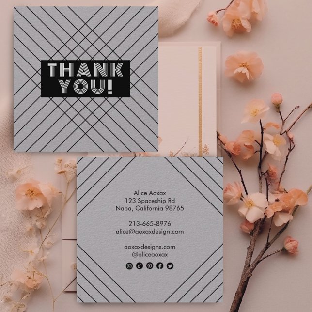 Order Thank You Minimalist Abstract Unique Luxury Square Business Card (Custom thank you for your order cards on luxurious gray. Custom social media icons on modern style)