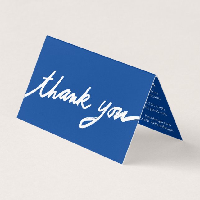 Order Thank You Script Blue Social Icons QR Folded Business Card (Front)