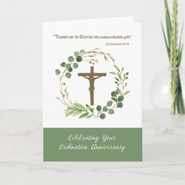 Ordination Anniversary Greenery Wreath Crucifix Card (Front)