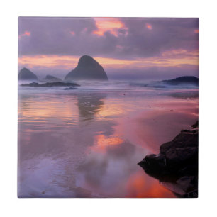 Oregon beach and sea stacks, sunset tile