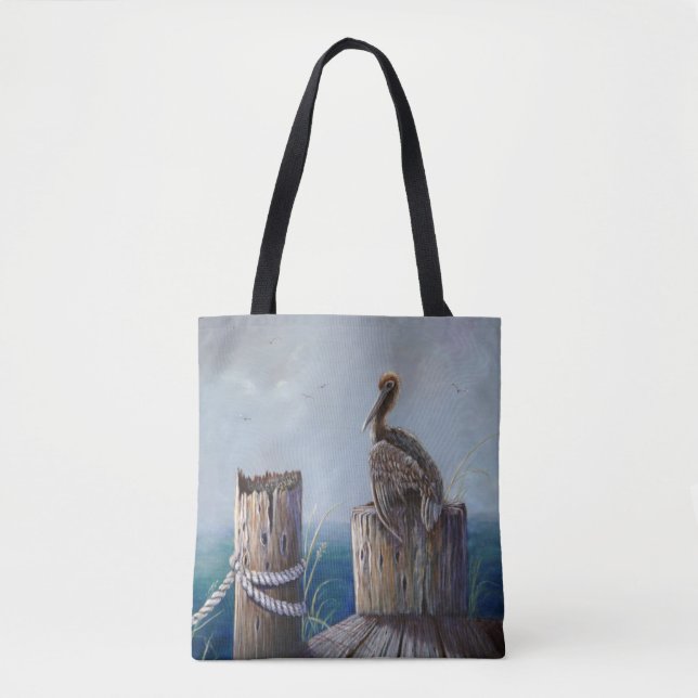 Oregon Coast Brown Pelican Acrylic Ocean Art Tote Bag (Front)