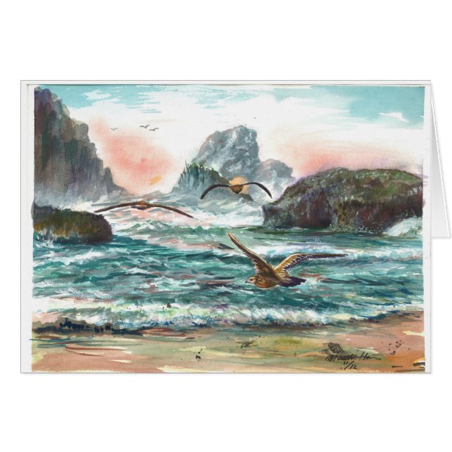 Oregon coast scene with waves and seagulls (Front Horizontal)