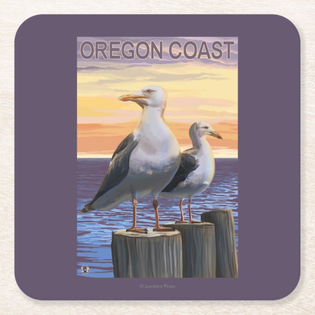 Oregon Coast Sea Gulls Square Paper Coaster (Front)