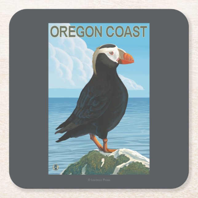Oregon Coast Tufted Puffin Square Paper Coaster (Front)