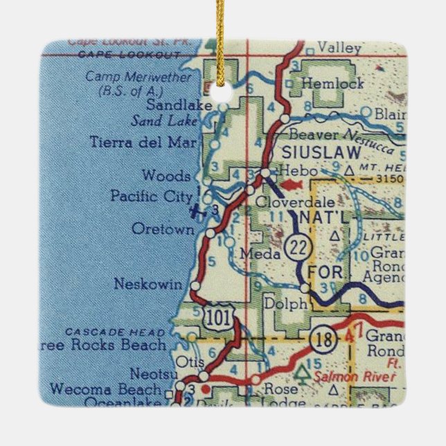 Oregon Coast Vintage Map Ceramic Ornament (Back)