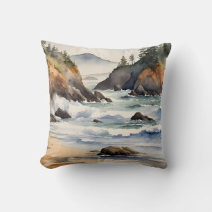 Oregon Coast Watercolor Beach Scene  Cushion