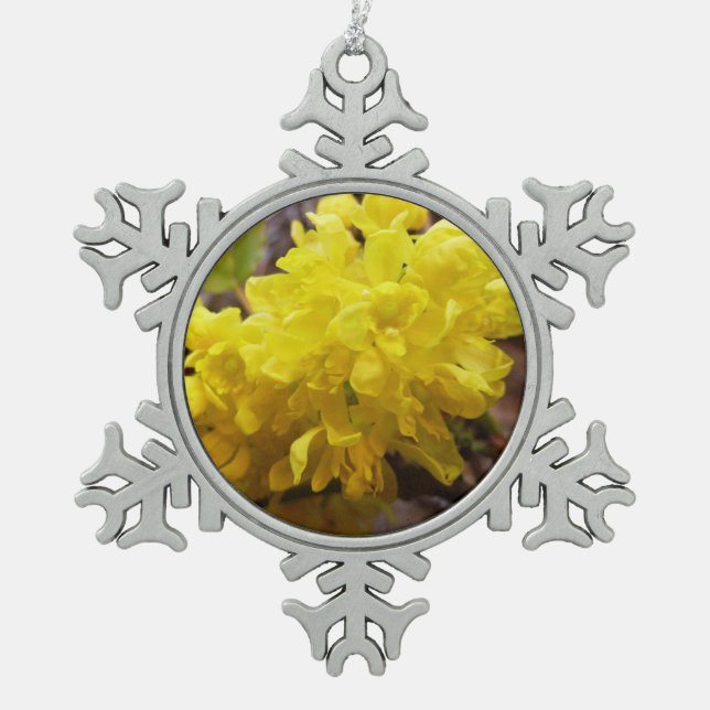 Oregon Grape Flowers Yellow Wildflowers Snowflake Pewter Christmas Ornament (Front)