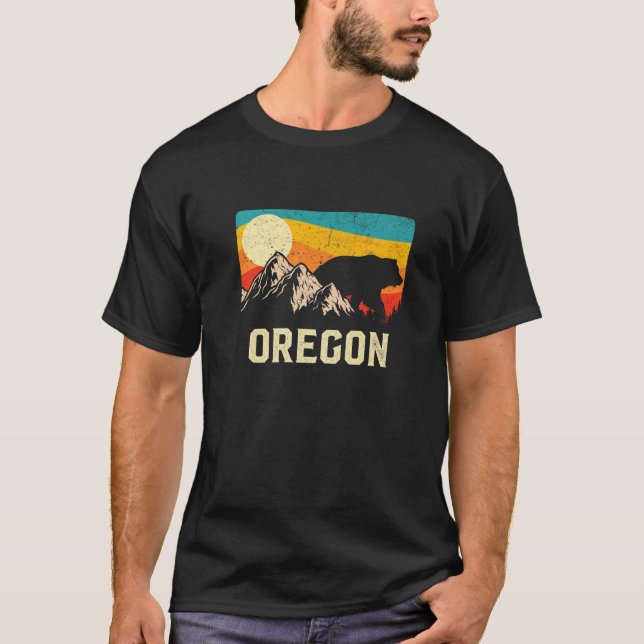 Oregon Nature Wild Bear Retro Sunset Hiking T-Shirt (Front)