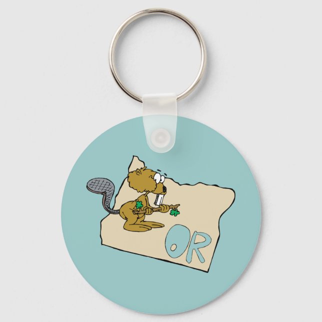 Oregon OR State Cartoon Map & Beaver Art Motto Key Ring (Front)