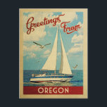 Oregon Sailboat Vintage Travel Postcard<br><div class="desc">This Greetings From Oregon vintage travel nautical design features a boat sailing on the water with seagulls and a blue sky filled with gorgeous puffy white clouds.</div>