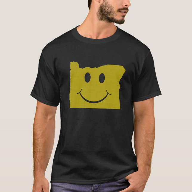 Oregon Shaped Happy Face Yellow Oregonian Webfoot T-Shirt (Front)