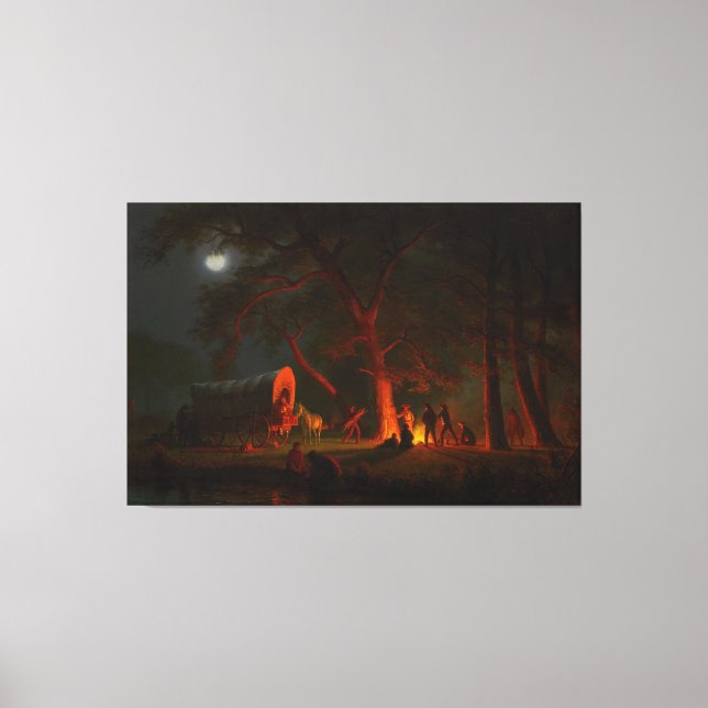 Oregon Trail Conestoga Wagon Moonlight Camp Fire Canvas Print (Front)