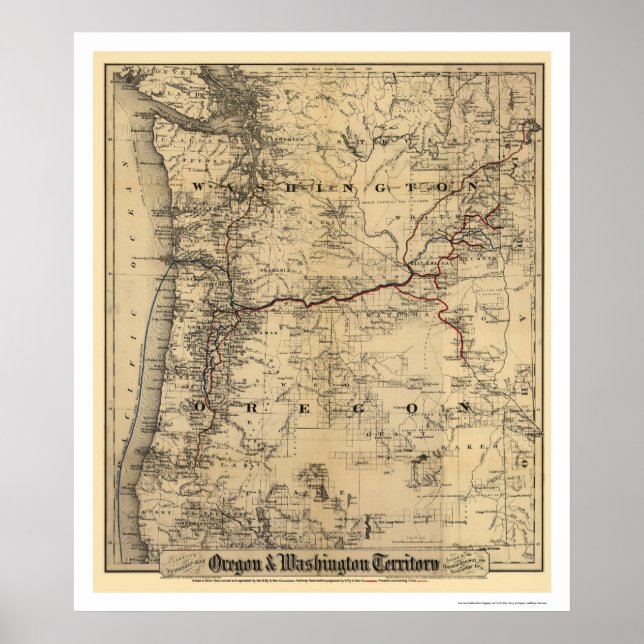 Oregon & Washington Railroad Map 1880 Poster (Front)