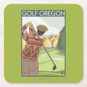 OregonGolf Scene Vintage Travel Poster Square Paper Coaster