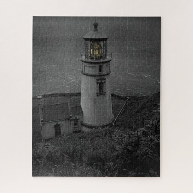 Oregon's historic Heceta Head Lighthouse B&W Jigsaw Puzzle (Vertical)
