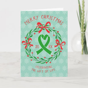 Organ Transplant Christmas Green Ribbon Folded Holiday Card