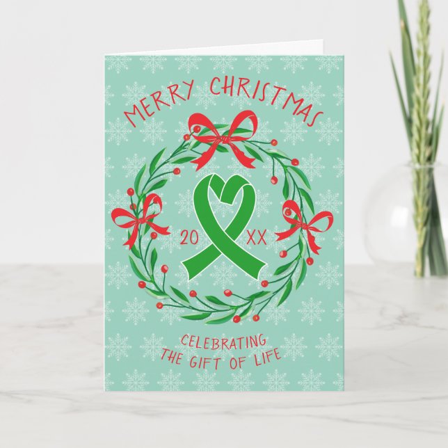 Organ Transplant Christmas Green Ribbon Folded Holiday Card (Front)