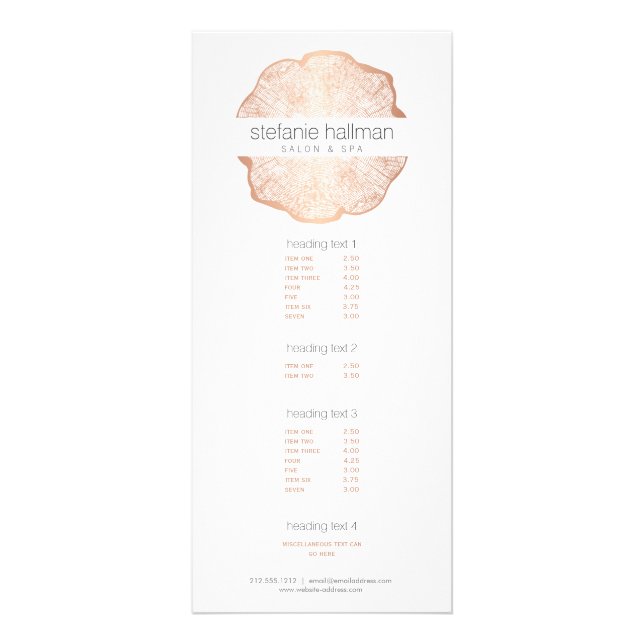 Organic Beauty Rose Gold Tree Rings Salon Rack Card (Front)
