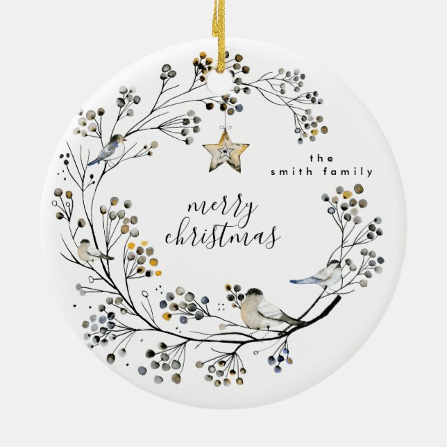 Organic Bird Merry Christmas Custom Text Ceramic Tree Decoration (Back)