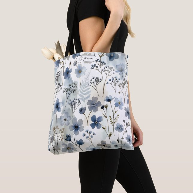 Organic Blue Anemone Fern Everyday Personalized Tote Bag (Close Up)
