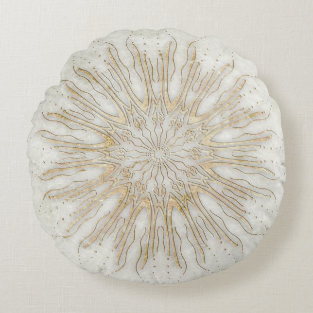 Organic boho style sunburst mandala golden white round cushion (Front)