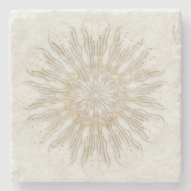 Organic boho style sunburst mandala golden white stone coaster (Front)