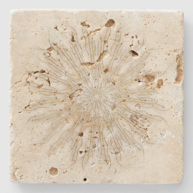 Organic boho style sunburst mandala golden white stone coaster (Front)