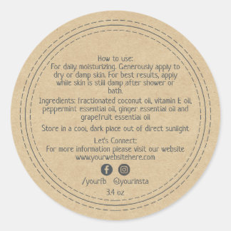 Organic Business Beauty Product Ingredients Kraft Classic Round Sticker