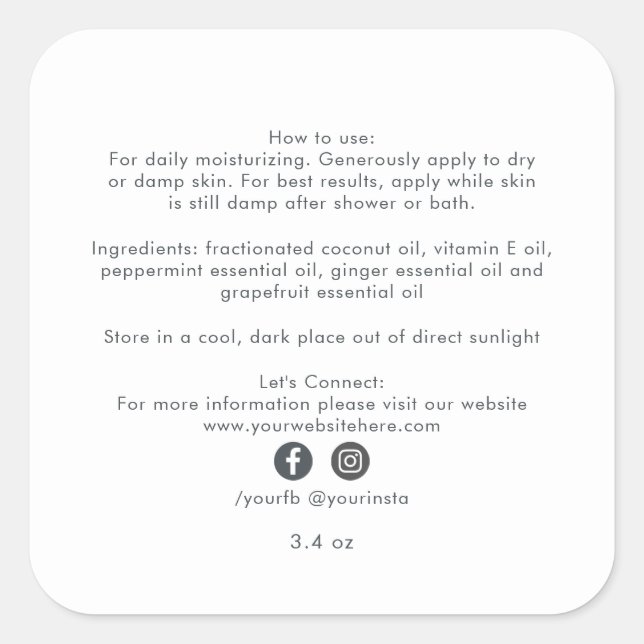 Organic Business Beauty Product Ingredients White Square Sticker (Front)