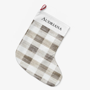 Organic Cream Tan Plaid Stripes Christmas Large Christmas Stocking