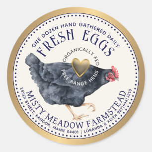 Organic Eggs Watercolor Hen Gold Border & Heart Classic Round Sticker