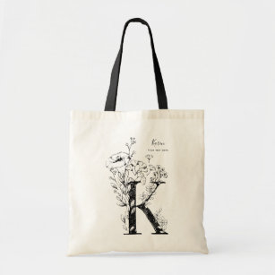 Organic farmhouse Floral Letter K monogram Tote Bag