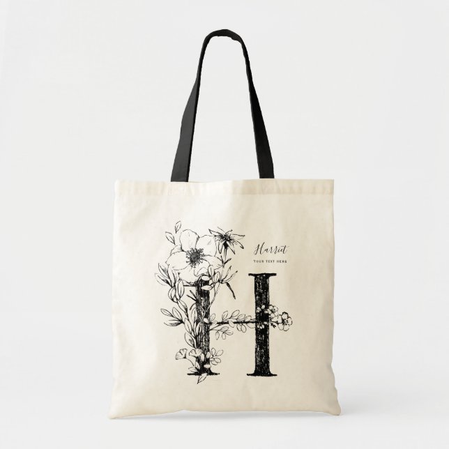 Organic floral handrawn Letter H monogrammed Tote Bag (Front)