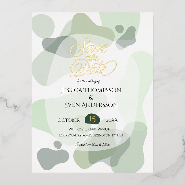 Organic Greenery Geometric Abstract Wedding Foil Invitation Postcard (Front)