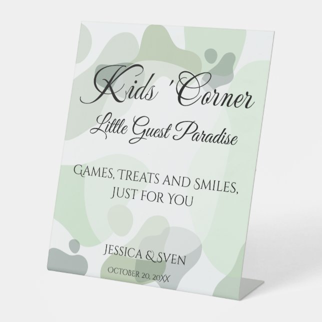 Organic Greenery Geometric Wedding Kids Corner Pedestal Sign (Front)