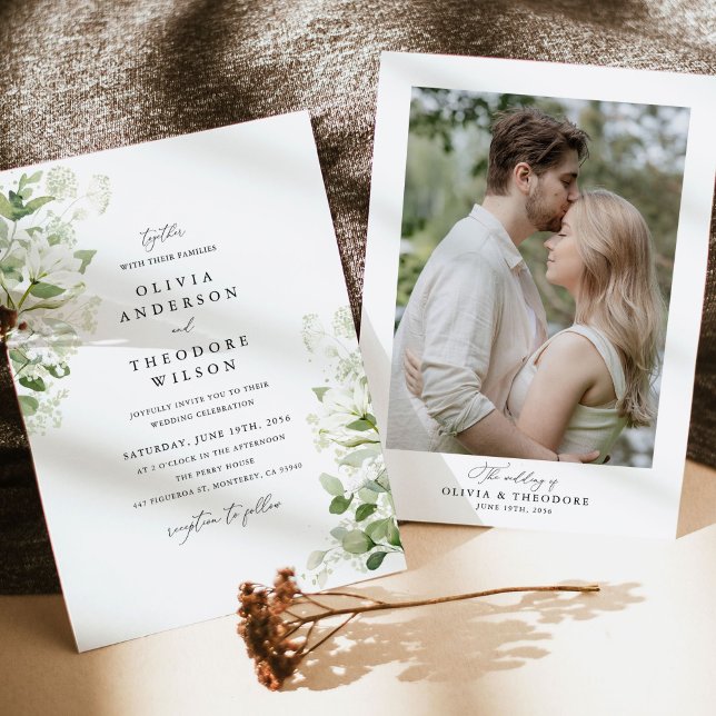 Organic Greenery Sage Wedding Photo Back Invitation (Sage green organic greenery wedding invitation with photo back, watercolor, modern classic elegance)