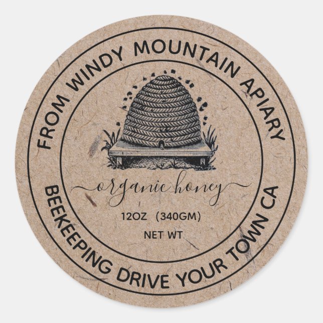  Organic Honey  Kraft Paper Jar Labels | Beehive (Front)