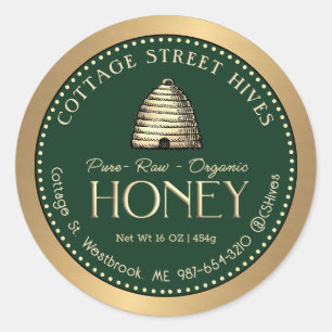 Organic Honey Label with Gold Skep Hive Green Gold