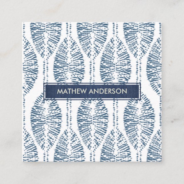 ORGANIC LEAF PATTERN INDIGO BLUE TIE DYE BATIK SQUARE BUSINESS CARD (Front)