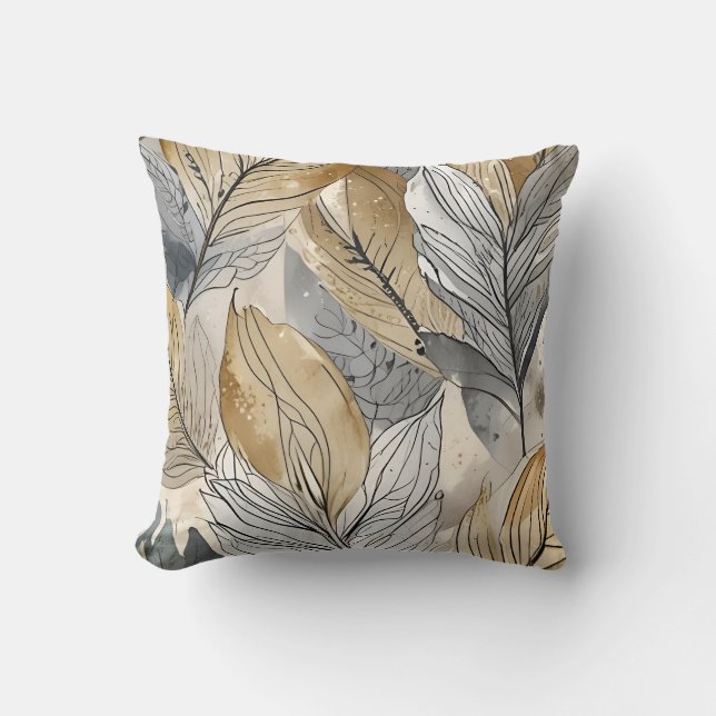 organic leafy watercolor art, gold grey cushion (Front)