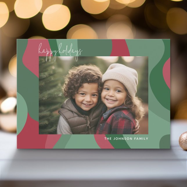 Organic Line Abstract Art - 1 Photo Green Red Holiday Card (Modern Holiday Greeting Card with a Family Photo)