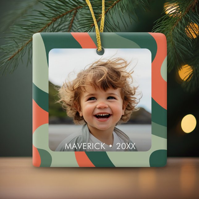 Organic Line Abstract Art - 1 Photo Jade Tangerine Ceramic Ornament (Organic curvy lines with one photo)