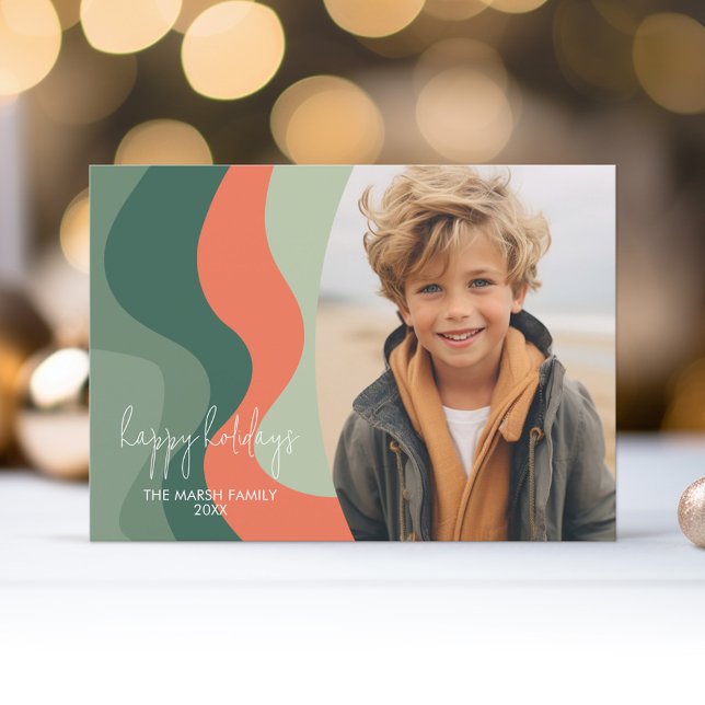 Organic Line Abstract Art - 1 Photo Jade Tangerine Holiday Card (Organic curved lines and abstract art make a non-traditional holiday card with 1 photo.)