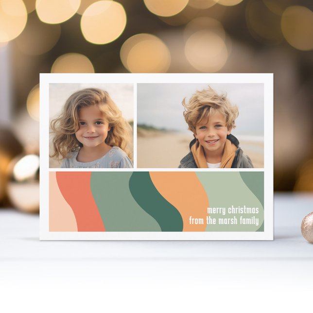 Organic Line Abstract Art - 2 Photo Jade Tangerine Holiday Card (Holiday Photo Greeting Card - Jade and Tangerine Organic Curves)