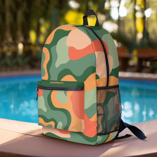 Organic Line Abstract Art - Jade and Tangerine Printed Backpack (Personalized Backpack with organic curves in shades of green and coral plus custom name)