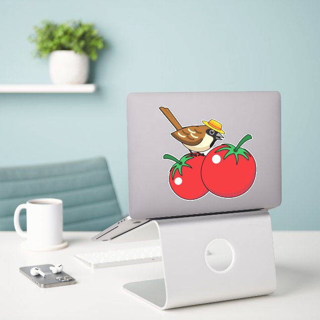 Organic Lover Sparrow Eating Red Tomato (Laptop On Desk)