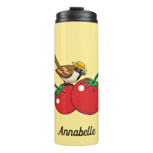 Organic Lover Sparrow Eating Red Tomato   Add Name Thermal Tumbler